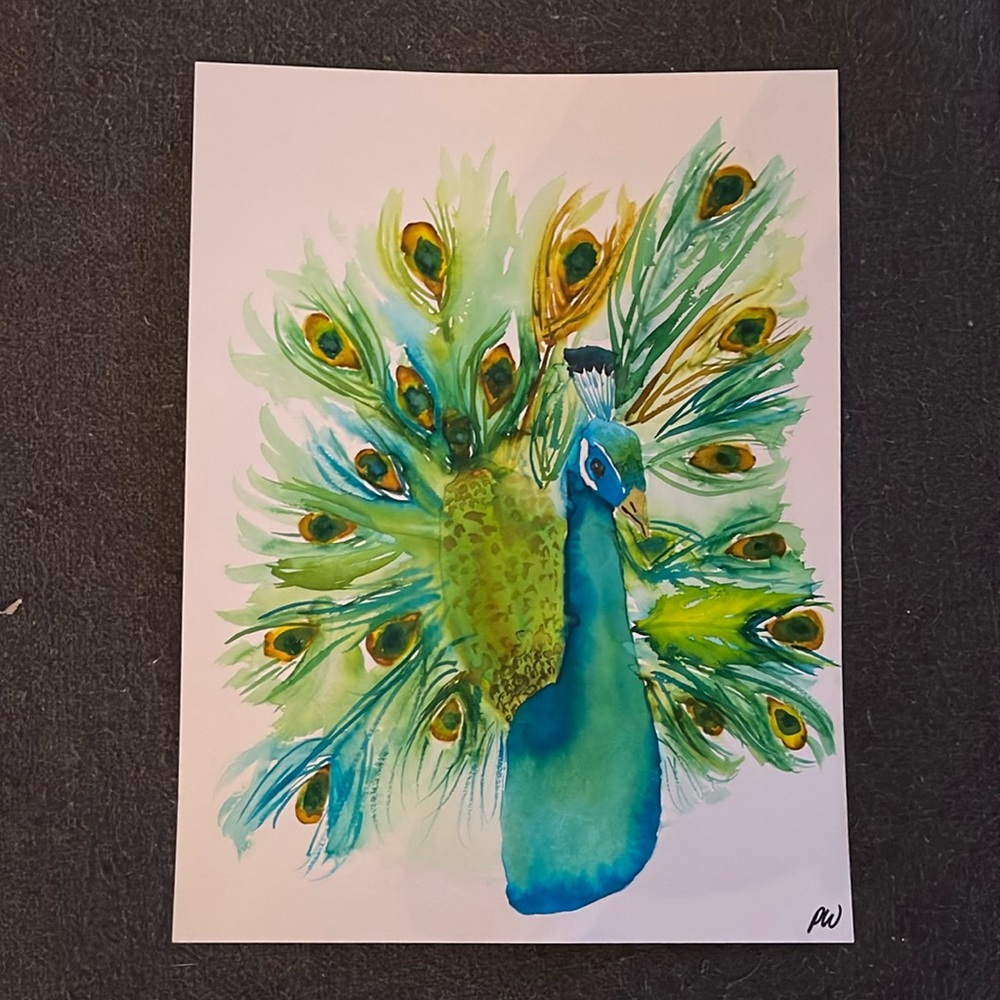 Original watercolor peacock painting 9x12